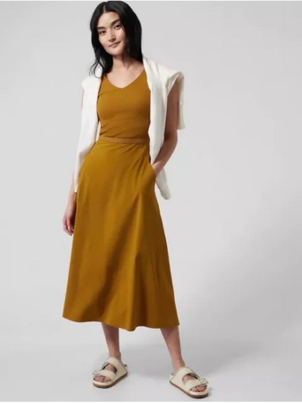 Athleta Ryder Dress NWT L Mustard Cutout Midi Pockets Casual Chic